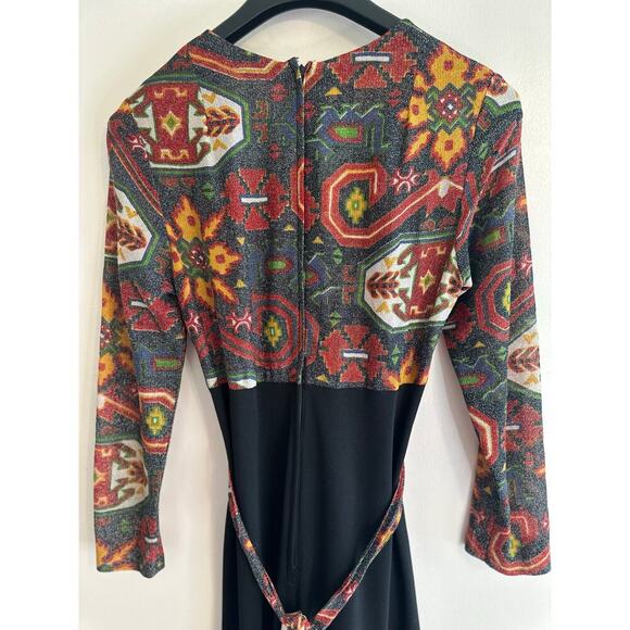 Vintage 1970’s Stacy Ames Tribal Sparkle Wrap Stretch Long Sleeve Maxi Dress 12 - Picture 2 of 9